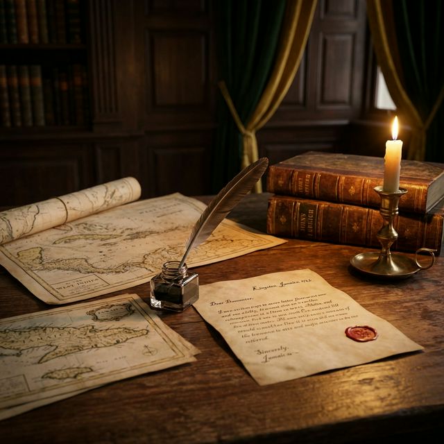 18th-century historian's desk with quill, antique maps and candle