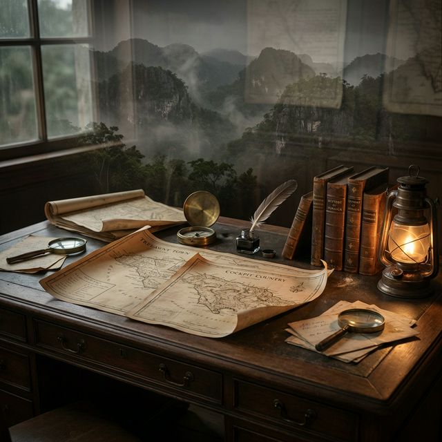 A desk covered in historical maps and documents