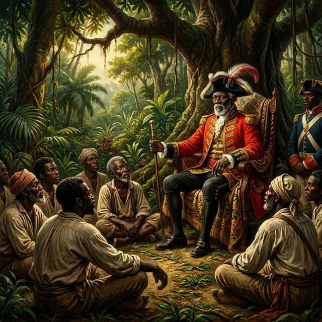 Old Montague James presiding over the Trelawny Town Maroon war council, 1795
