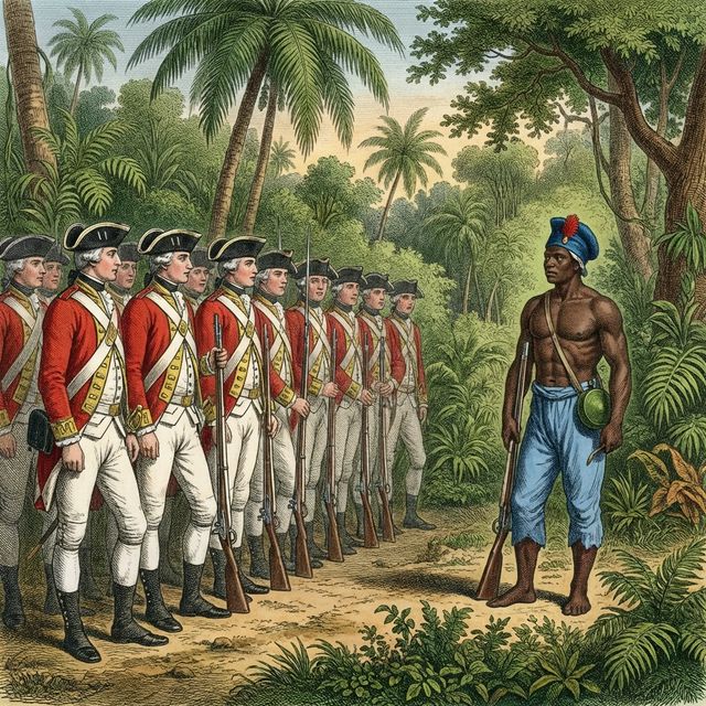 10 British Redcoats facing 1 Maroon Warrior